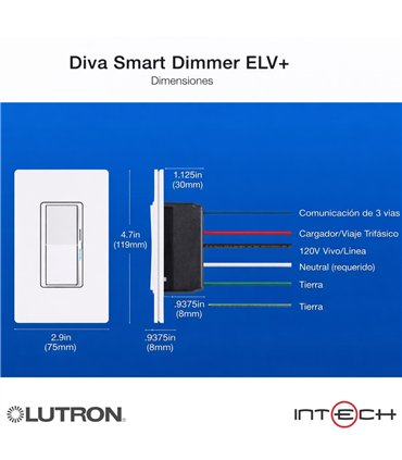 Interruptor de atenuación inteligente Diva ELV+ para sistemas Caseta, LED de 250 vatios, requiere neutro, blanco