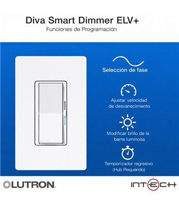 Interruptor de atenuación inteligente Diva ELV+ para sistemas Caseta, LED de 250 vatios, requiere neutro, blanco