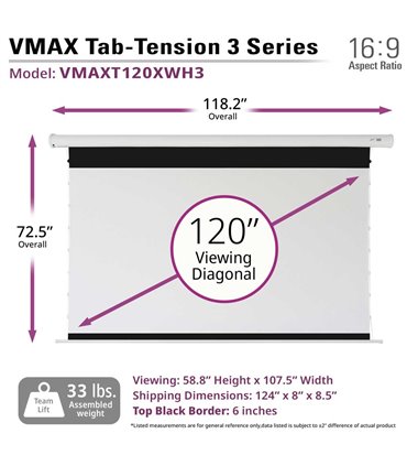 Elite Screens VMAX 3, 120" Diag. 16:9 Tab-Tensioned Electric Drop-Down Projector Screen, VMAXT120XWH3
